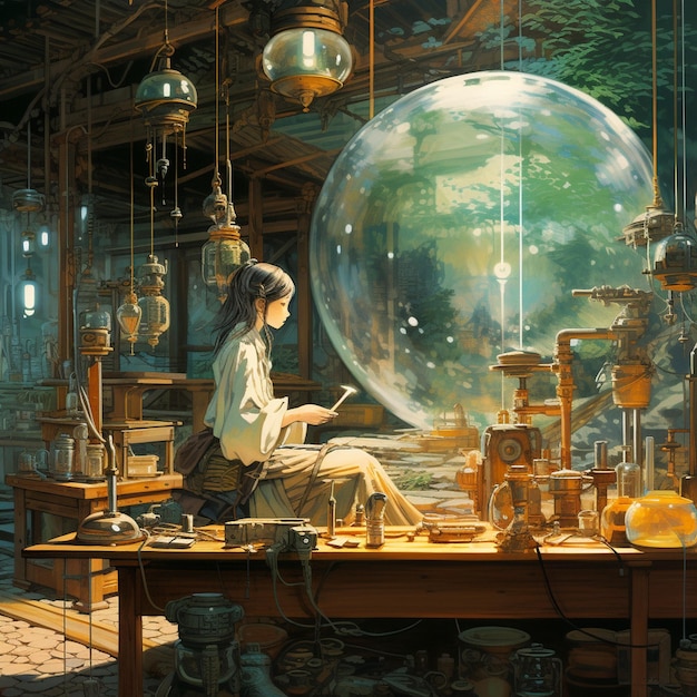 uma pintura de uma menina sentada em uma mesa com um grande globo nele.