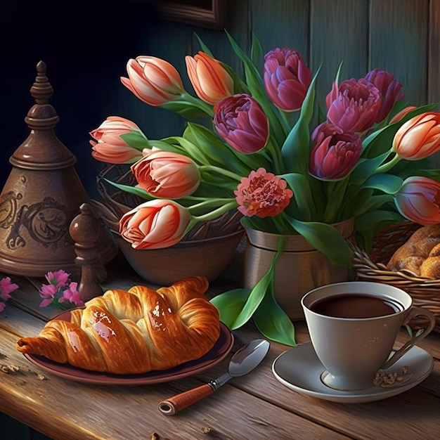 Uma pintura de uma mesa com uma xícara de café e uma cesta de flores.
