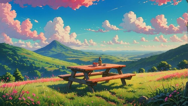 uma pintura de uma mesa de piquenique e uma mesa de picnic com uma vista de uma montanha e nuvens