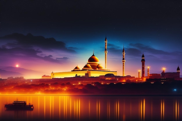 Uma pintura de uma mesquita com as luzes acesas.