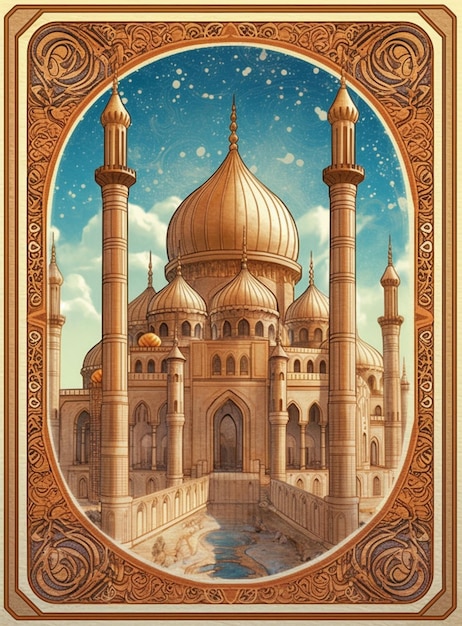 Uma pintura de uma mesquita com um céu azul e as palavras "o palácio" nela.