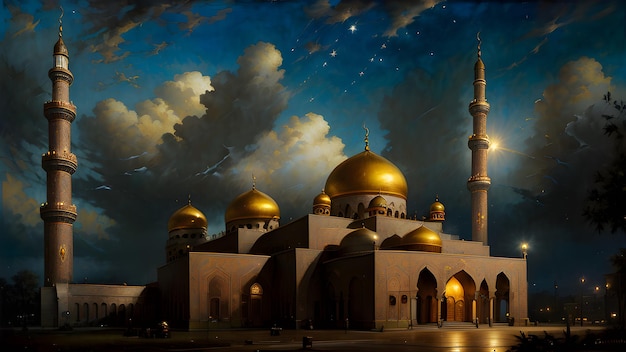 Uma pintura de uma mesquita com um céu estrelado ao fundo.