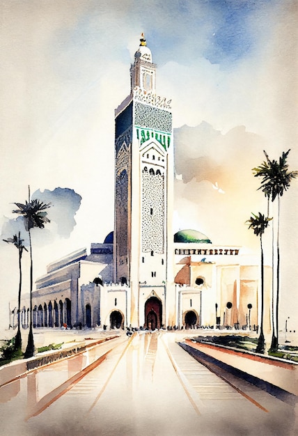 Uma pintura de uma mesquita com um desenho azul e branco.