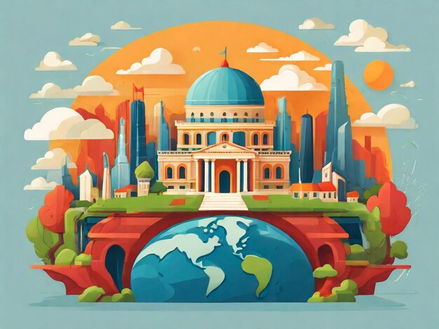 uma pintura de uma mesquita com um mapa do mundo nele