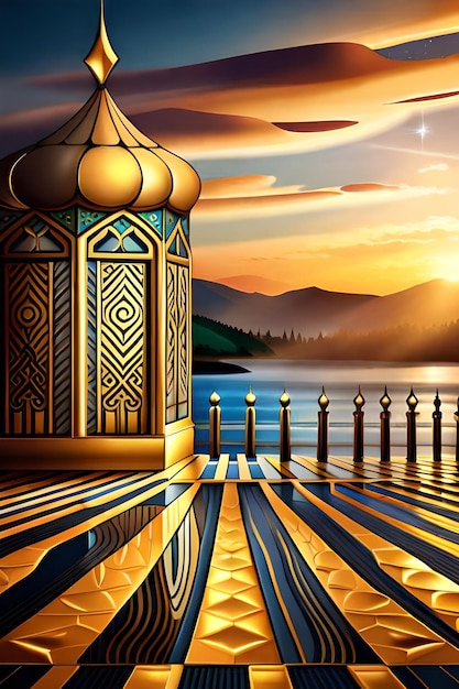 Uma pintura de uma mesquita com um pôr do sol ao fundo.