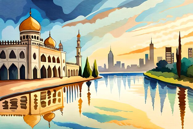 Uma pintura de uma mesquita com uma cidade ao fundo.
