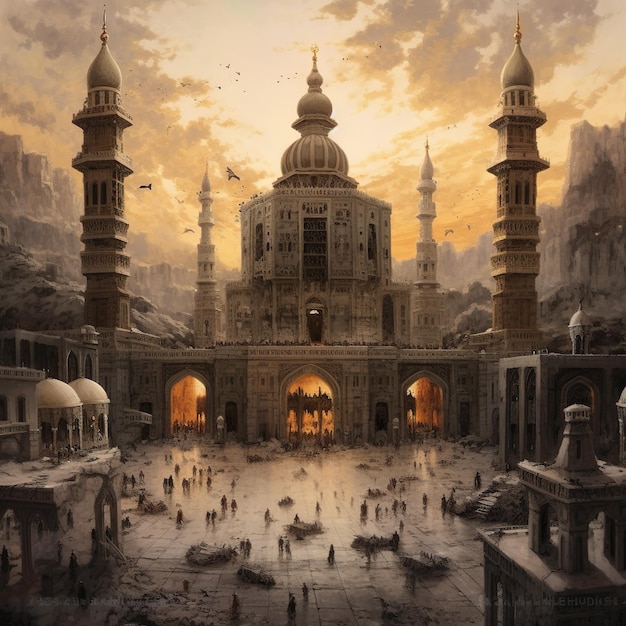 Uma pintura de uma mesquita com uma grande cúpula e uma grande mesquita no meio.