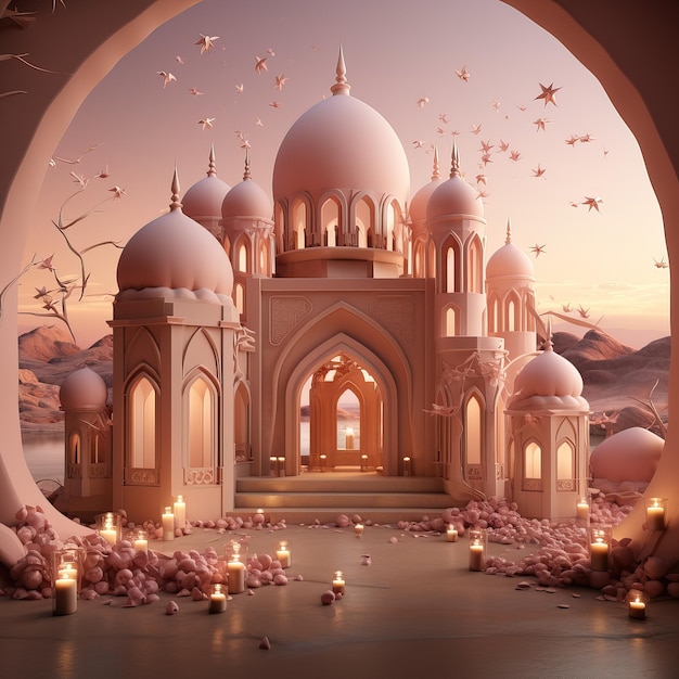 uma pintura de uma mesquita com velas e flores no primeiro plano