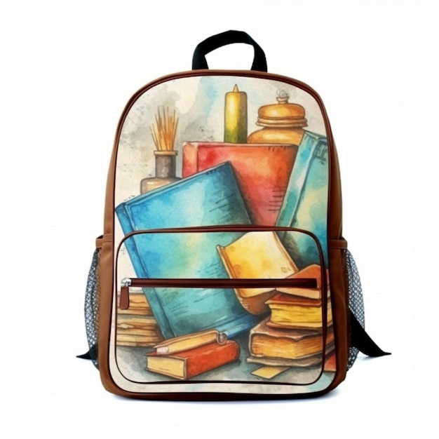 uma pintura de uma mochila com livros e um frasco de tinta generativa ai