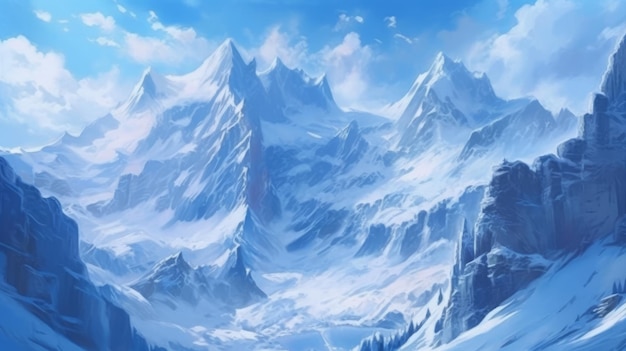 Uma pintura de uma montanha com neve