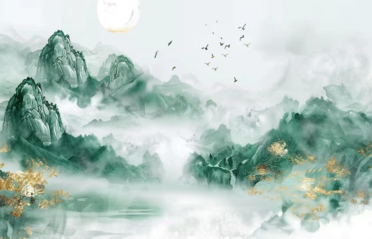 Foto uma pintura de uma montanha com pássaros voando no céu