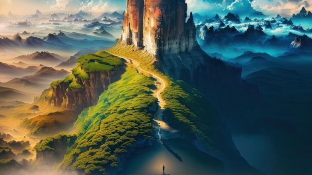 Uma pintura de uma montanha com um castelo nela