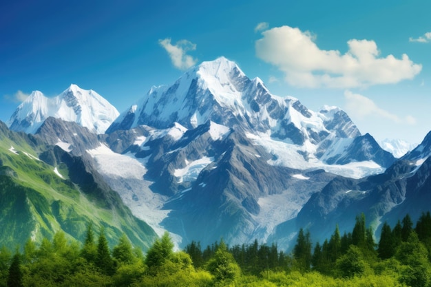 Uma pintura de uma montanha com um céu azul e árvores verdes