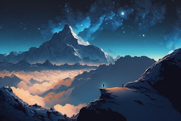 Uma pintura de uma montanha com um céu azul e um casal olhando para a montanha.