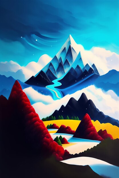 Uma pintura de uma montanha com um céu azul e uma montanha ao fundo.