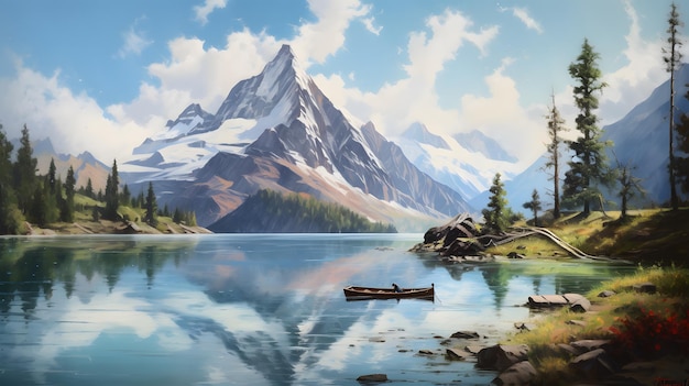 Foto uma pintura de uma montanha com um fundo de montanha