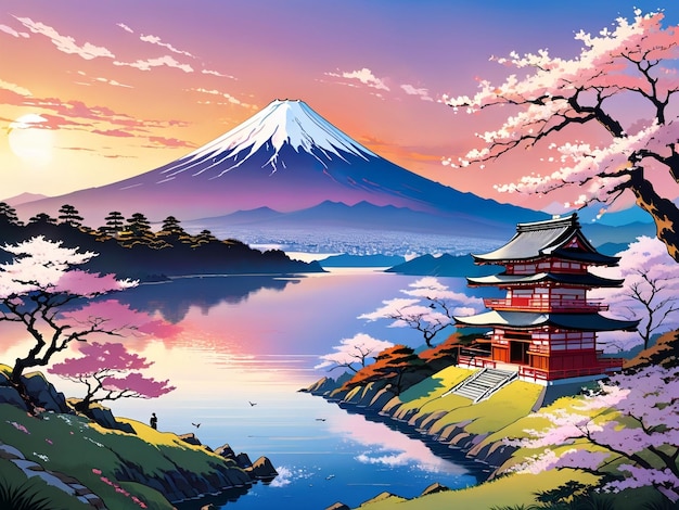 Foto uma pintura de uma montanha com um pagode em primeiro plano