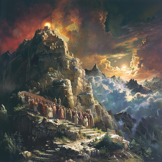 uma pintura de uma montanha com um pôr-do-sol no fundo
