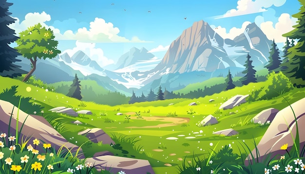 uma pintura de uma montanha com um prado e montanhas no fundo