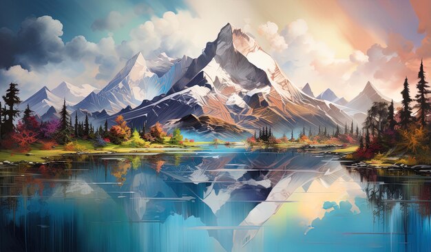 uma pintura de uma montanha com um reflexo de uma montanha e árvores