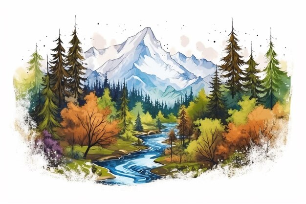uma pintura de uma montanha com um rio e árvores generativ ai