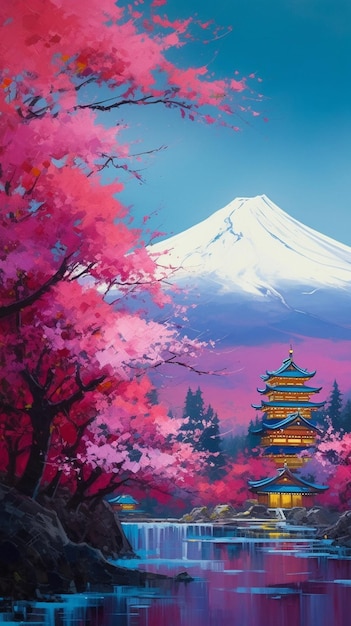 Uma pintura de uma montanha com um templo japonês ao fundo.