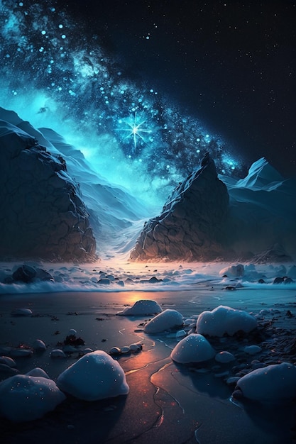 Uma pintura de uma montanha com uma estrela nela