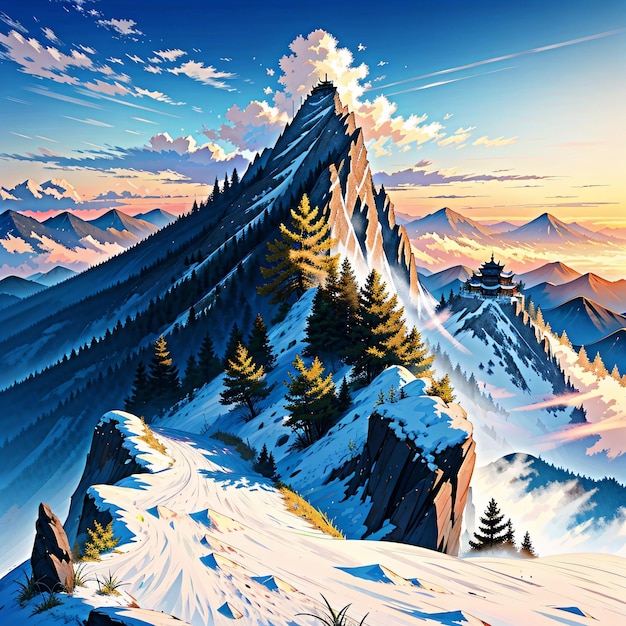 Uma pintura de uma montanha com uma montanha ao fundo