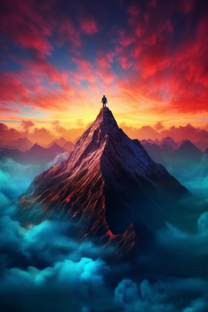 Uma pintura de uma montanha com uma pessoa nela