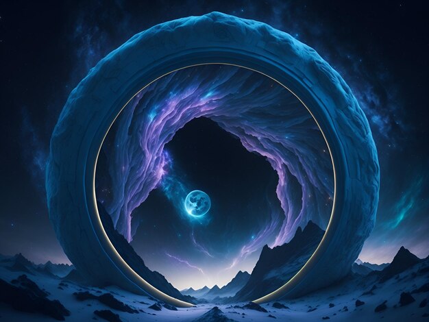 Uma pintura de uma montanha e um círculo azul com uma lua ao fundo.