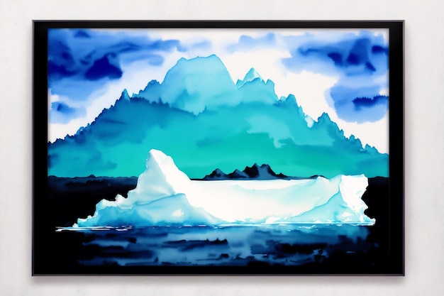 Uma pintura de uma montanha e um iceberg azul.