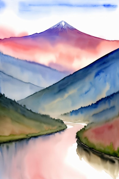 Uma pintura de uma montanha e um rio