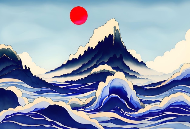 Uma pintura de uma montanha no oceano com um sol vermelho ao fundo.