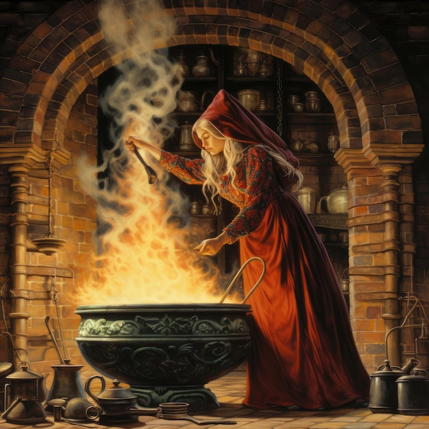Uma pintura de uma mulher a cozinhar numa sala com fogo a arder.