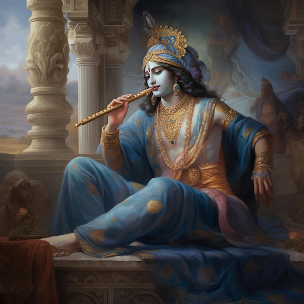 Uma pintura de uma mulher a tocar flauta com a palavra "deus".