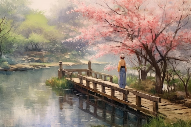 Uma pintura de uma mulher andando em uma ponte com flores de cerejeira rosa nela.