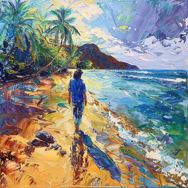 uma pintura de uma mulher caminhando ao longo de uma praia com palmeiras