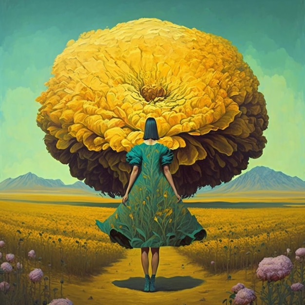 Uma pintura de uma mulher caminhando por um caminho com uma grande flor no topo.