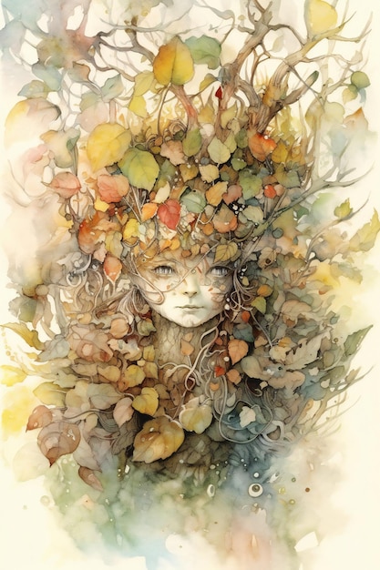 Uma pintura de uma mulher com a cabeça cheia de folhas e uma árvore com folhas.