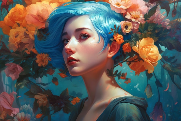 Uma pintura de uma mulher com cabelo azul e flores na cabeça