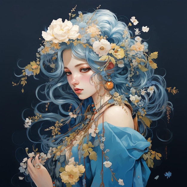 uma pintura de uma mulher com cabelo azul e flores no cabelo.