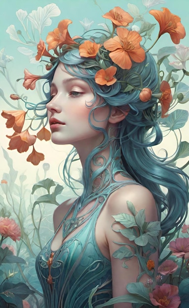 uma pintura de uma mulher com cabelo azul e flores no cabelo