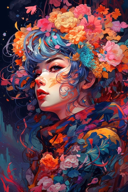 Uma pintura de uma mulher com cabelo azul e flores.