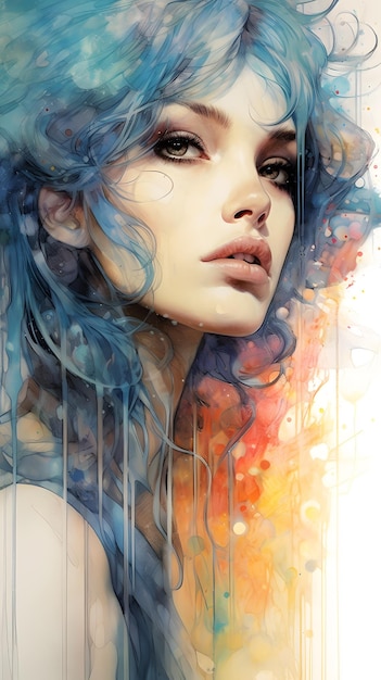 Uma pintura de uma mulher com cabelo azul e um arco-íris de cores.