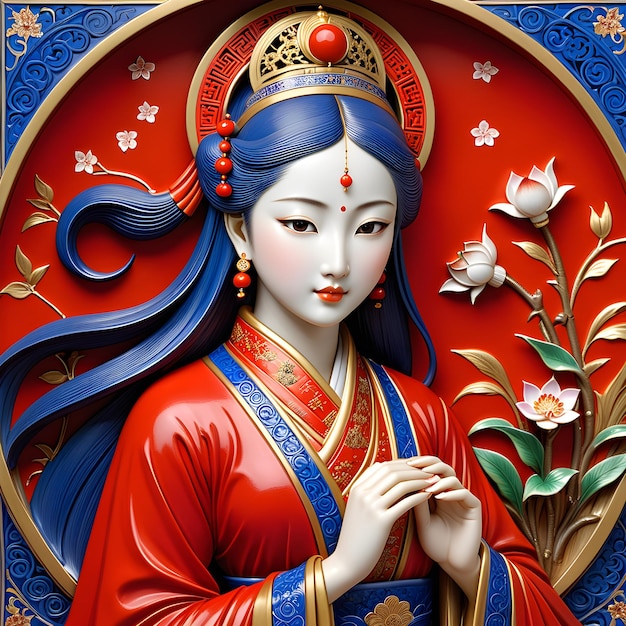 uma pintura de uma mulher com cabelo azul e um fundo vermelho com flores e uma flor no meio