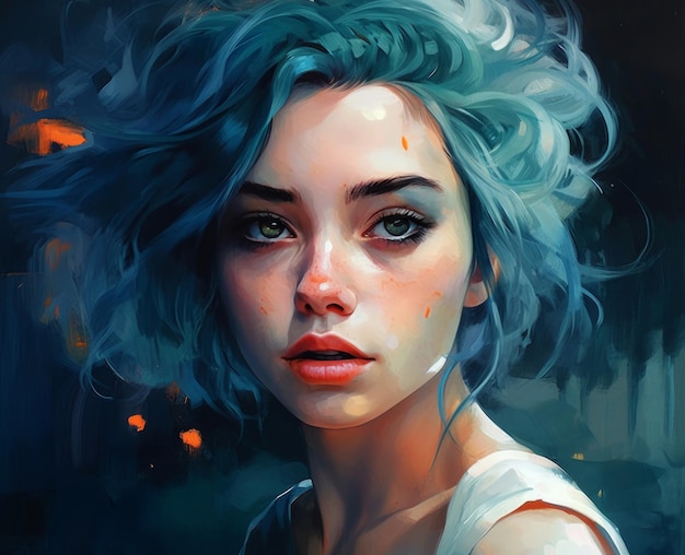 Uma pintura de uma mulher com cabelo azul e uma blusa branca.