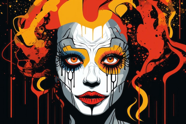 uma pintura de uma mulher com cabelo laranja e olhos vermelhos
