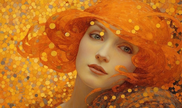 Uma pintura de uma mulher com cabelo laranja e um bokeh amarelo ao fundo.