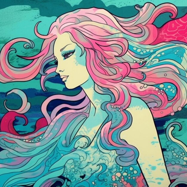 Foto uma pintura de uma mulher com cabelo longo e uma sereia ao fundo.