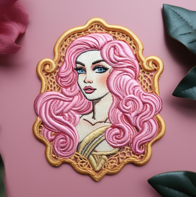 uma pintura de uma mulher com cabelo rosa e um vestido rosa.